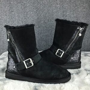 Rare‎ UGG Glitter Moto Black Boots with Buckle and Zipper Size 8